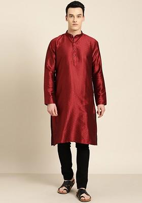 Maroon Woven Poly Blend Kurta For Men