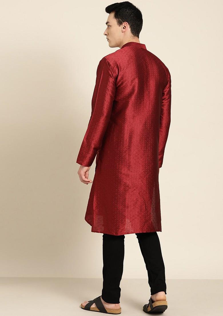 Maroon Woven Poly Blend Kurta For Men