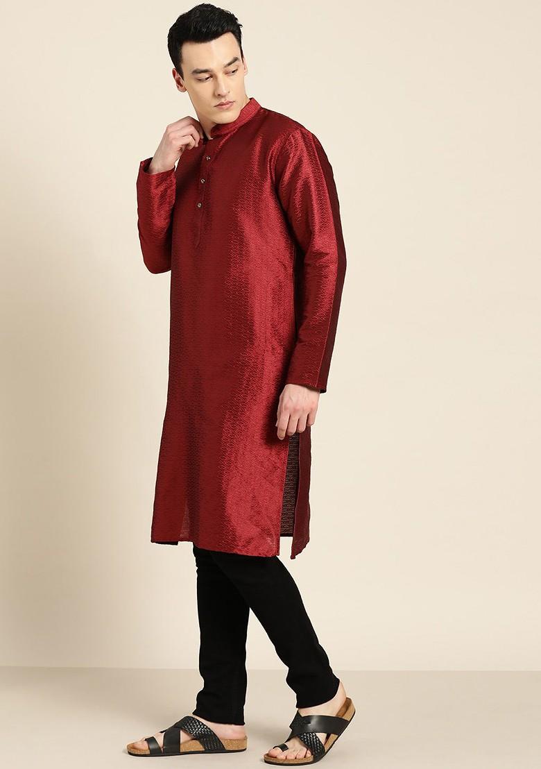 Maroon Woven Poly Blend Kurta For Men