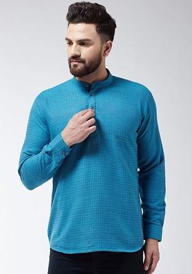 Blue Woven Poly Blend Kurta For Men