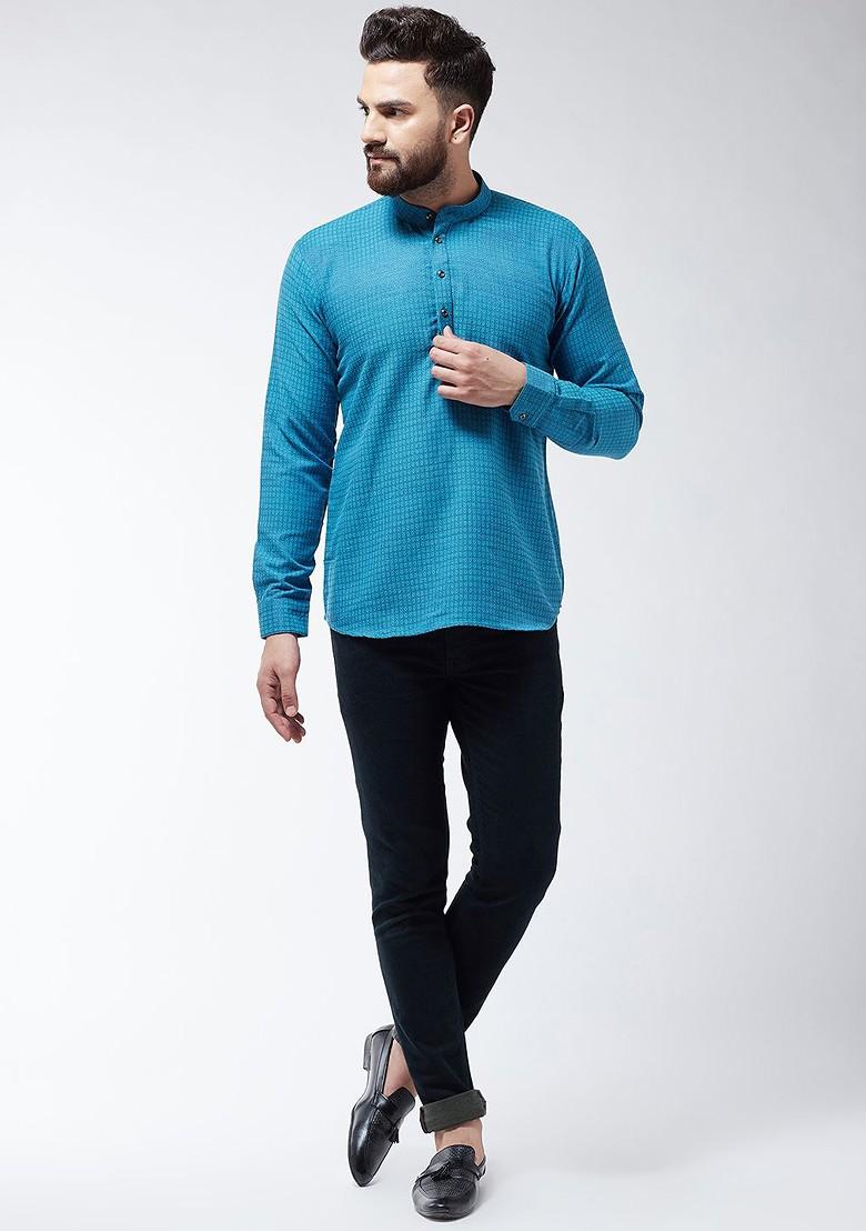 Blue Woven Poly Blend Kurta For Men