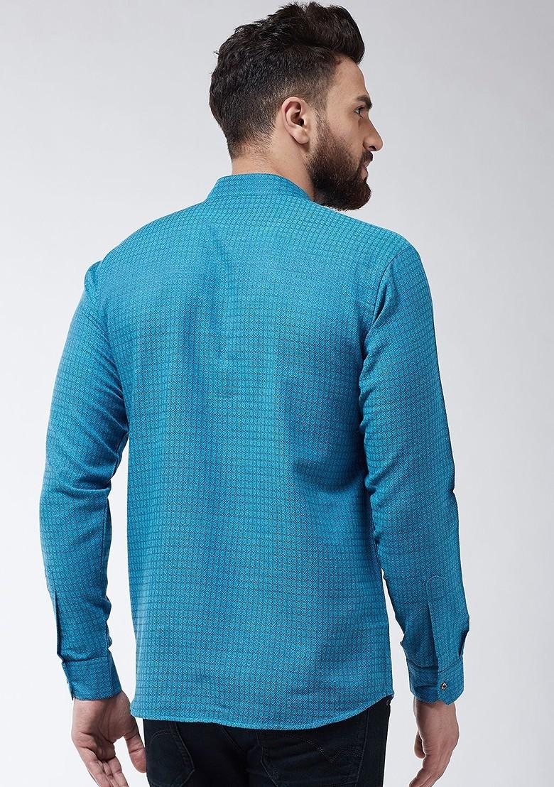 Blue Woven Poly Blend Kurta For Men
