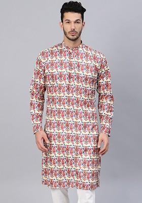 Red Printed Poly Blend Kurta For Men