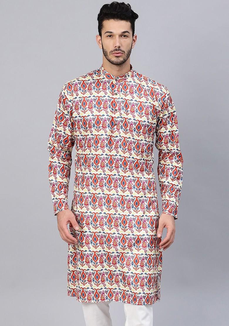 Red Printed Poly Blend Kurta For Men