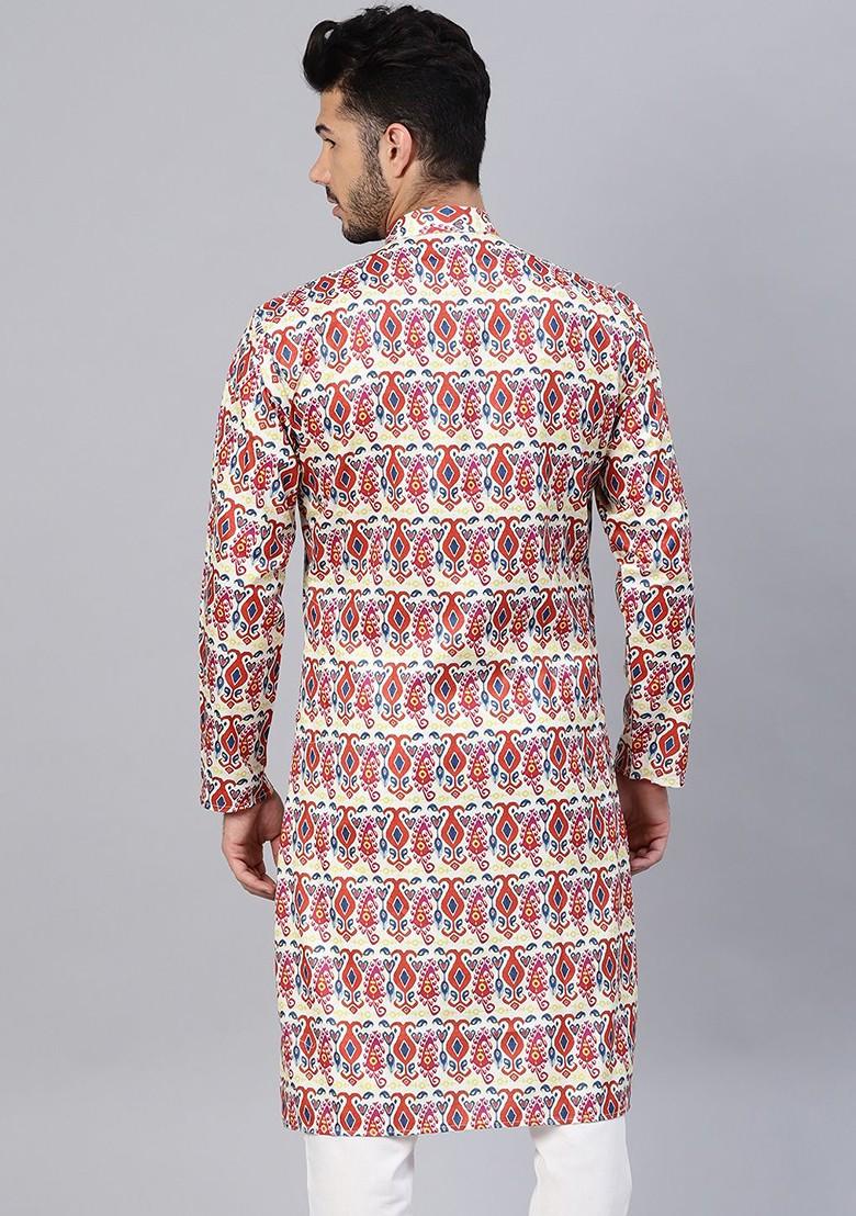 Red Printed Poly Blend Kurta For Men