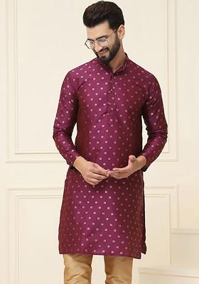 Burgundy Woven Poly Blend Kurta For Men