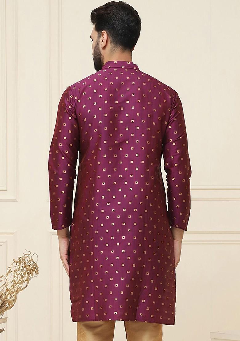 Burgundy Woven Poly Blend Kurta For Men