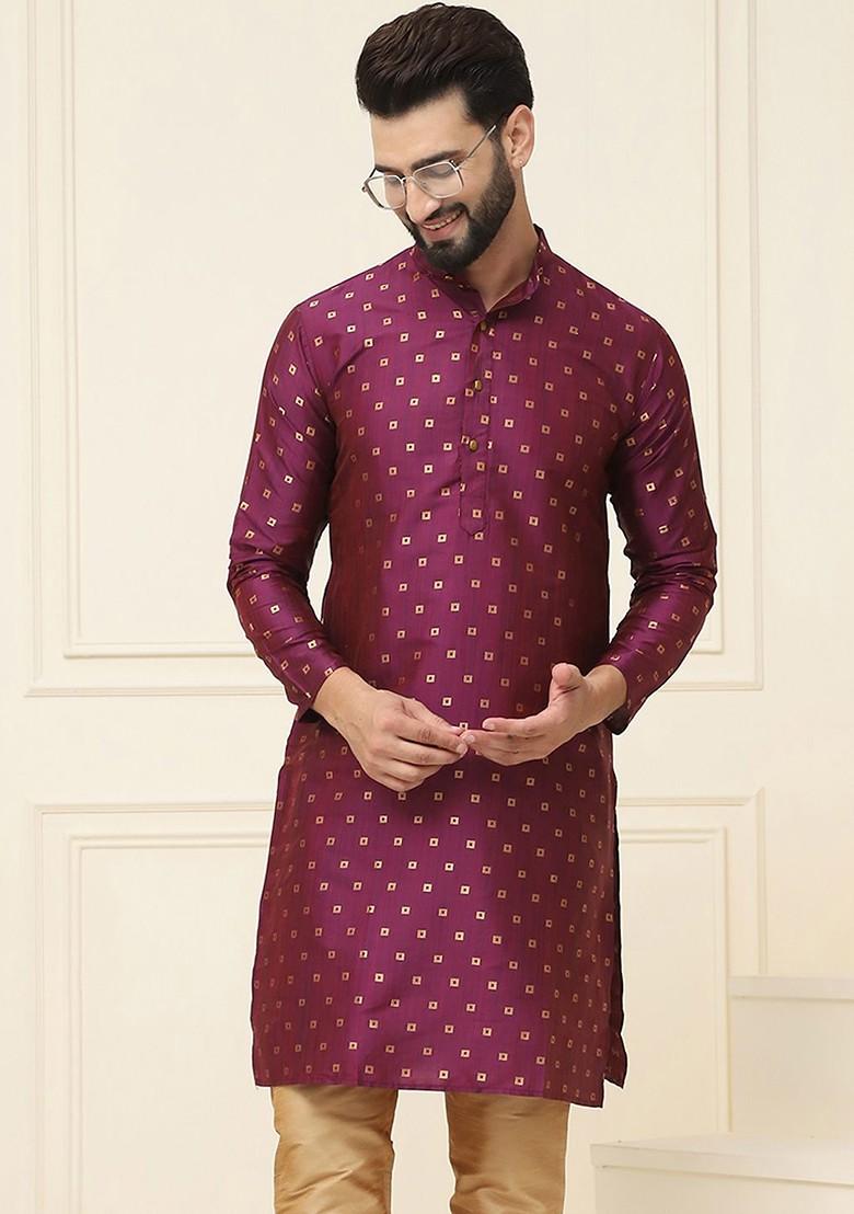 Burgundy Woven Poly Blend Kurta For Men