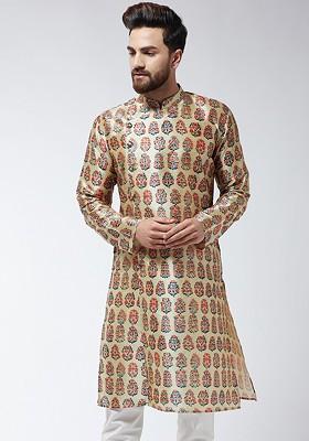 Beige Printed Poly Blend Kurta For Men
