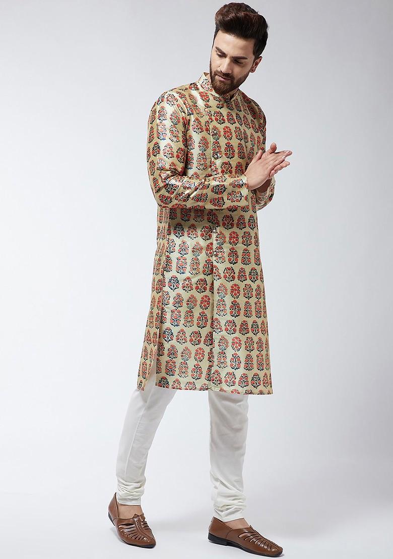 Beige Printed Poly Blend Kurta For Men
