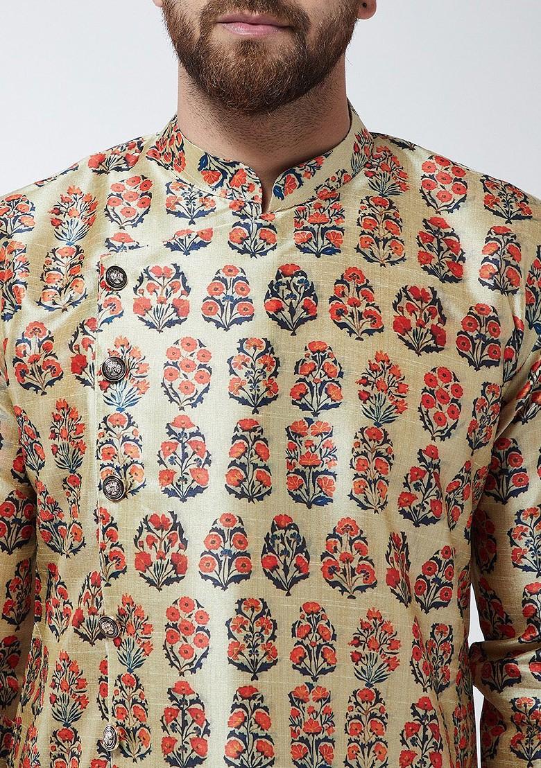 Beige Printed Poly Blend Kurta For Men