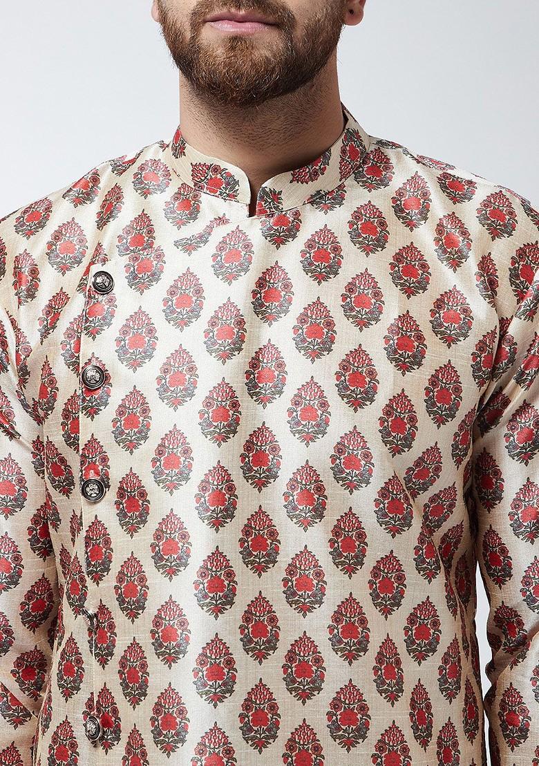 Red Printed Poly Blend Kurta For Men
