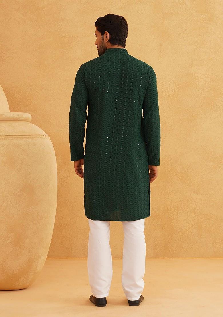 Green Embroidered Cotton Kurta For Men