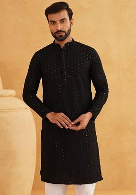 Black Sequin Work Cotton Kurta For Men