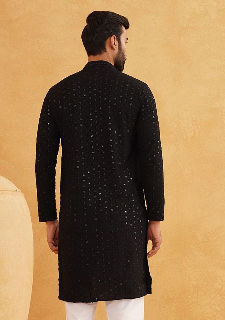 Black Sequin Work Cotton Kurta For Men