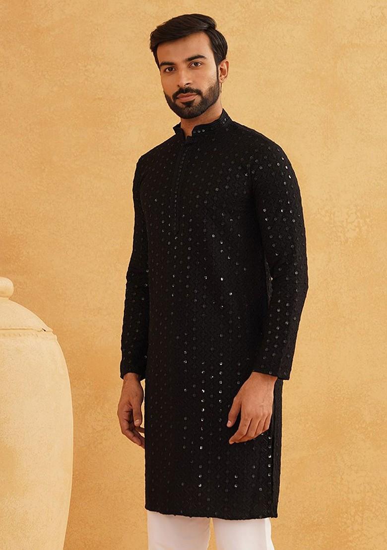 Black Sequin Work Cotton Kurta For Men