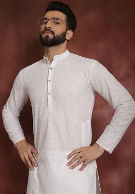 White Thread Work Cotton Kurta For Men