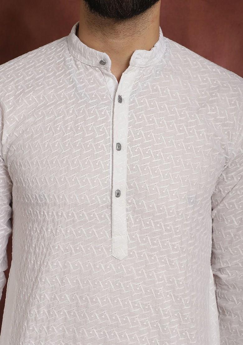 White Thread Work Cotton Kurta For Men