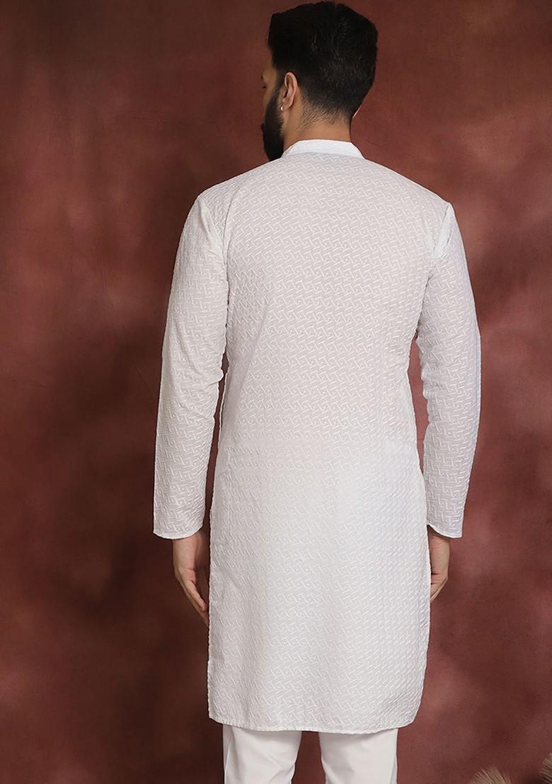 White Thread Work Cotton Kurta For Men