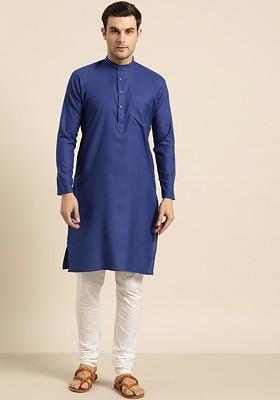 Blue Solid Poly Blend Kurta For Men