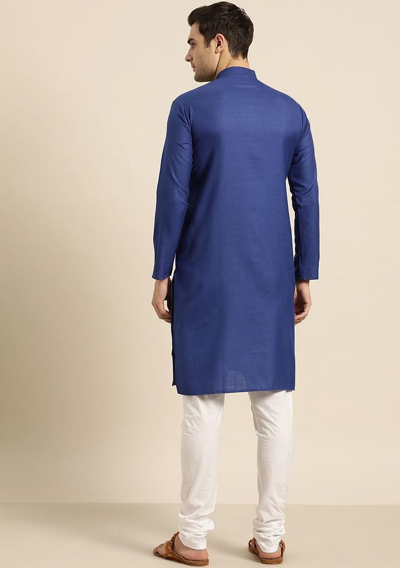 Blue Solid Poly Blend Kurta For Men