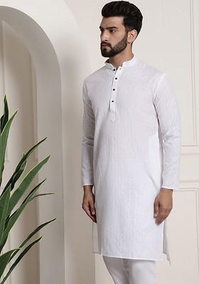 White Checked Poly Blend Kurta For Men