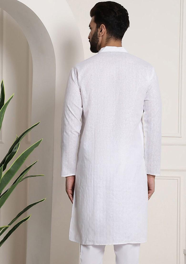White Checked Poly Blend Kurta For Men