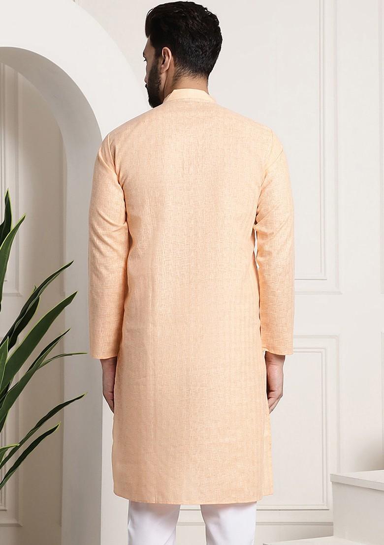 Peach Checked Poly Blend Kurta For Men