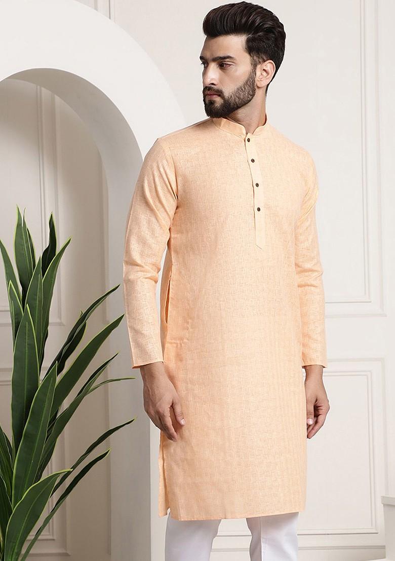 Peach Checked Poly Blend Kurta For Men