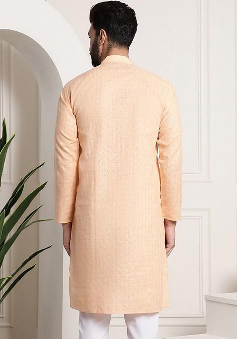 Peach Checked Poly Blend Kurta For Men