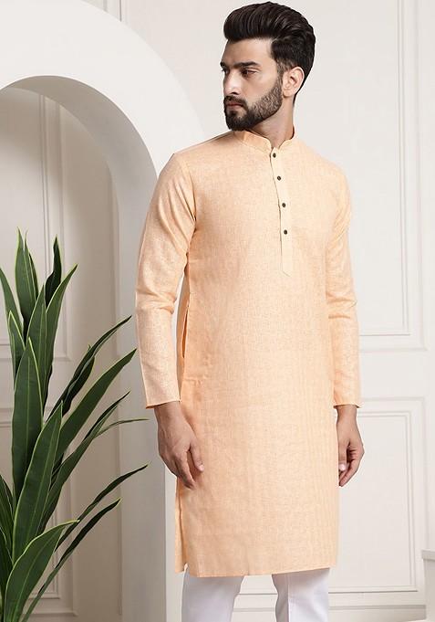 Peach Checked Poly Blend Kurta For Men