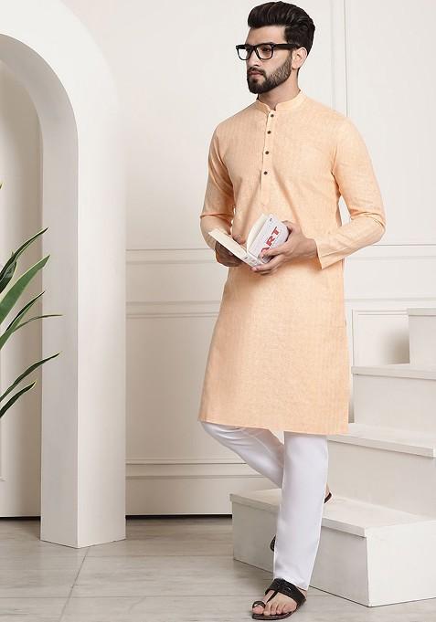 Peach Checked Poly Blend Kurta For Men