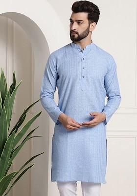 Blue Checked Poly Blend Kurta For Men