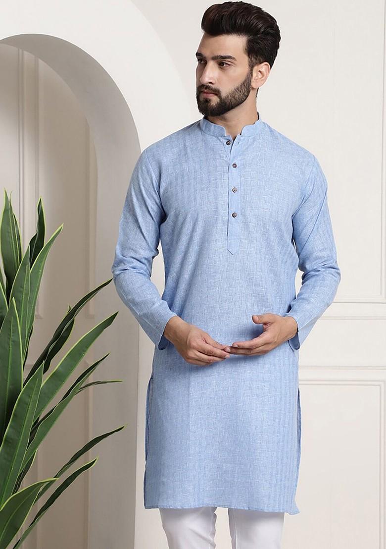 Blue Checked Poly Blend Kurta For Men