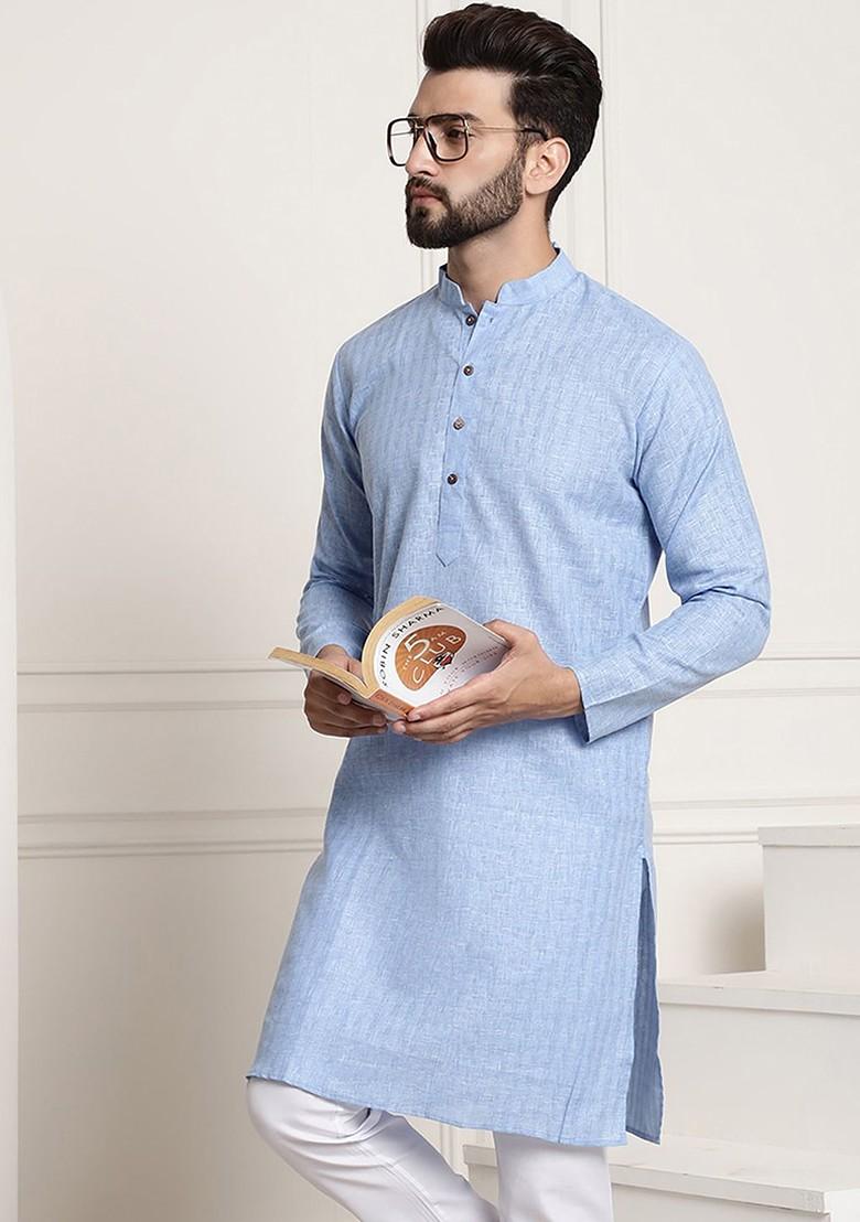 Blue Checked Poly Blend Kurta For Men