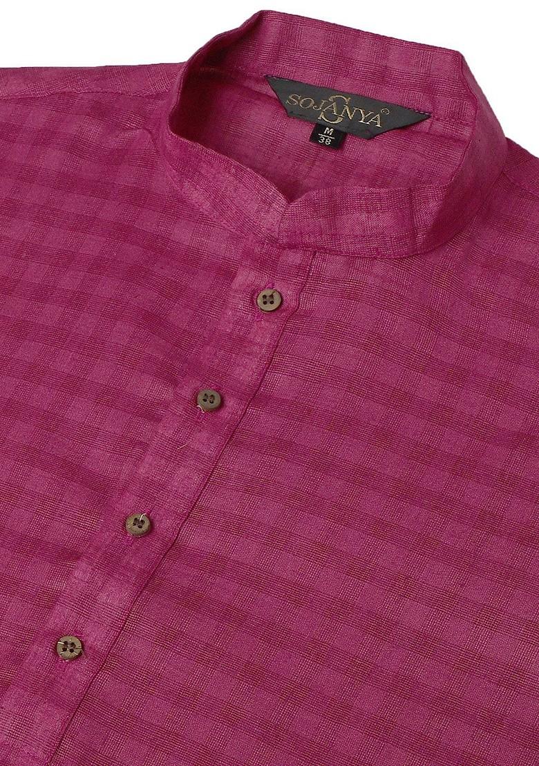 Magenta Checked Cotton Kurta For Men
