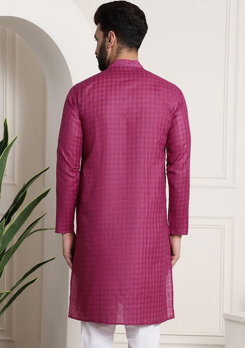 Magenta Checked Cotton Kurta For Men