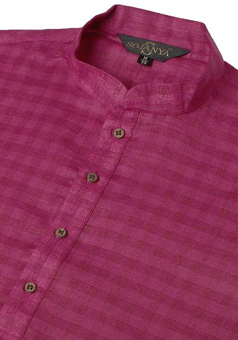 Magenta Checked Cotton Kurta For Men