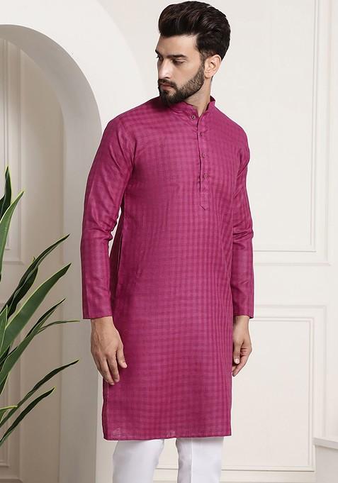 Magenta Checked Cotton Kurta For Men