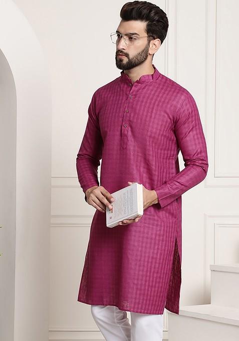Magenta Checked Cotton Kurta For Men