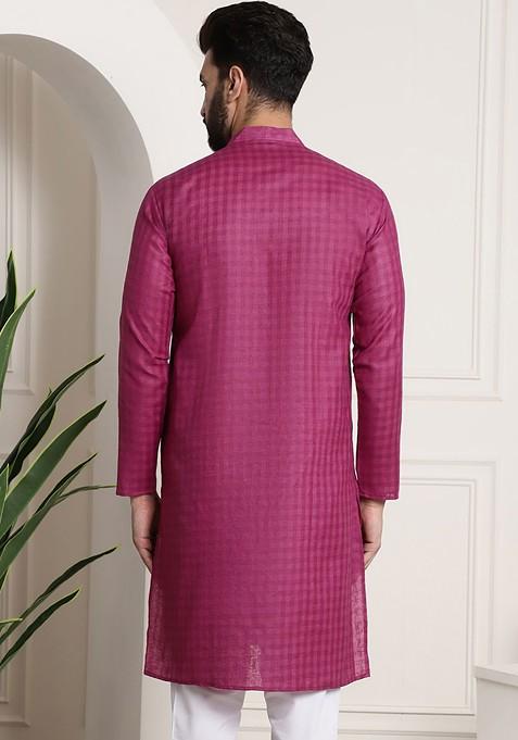 Magenta Checked Cotton Kurta For Men