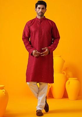 Red Thread Work Poly Blend Kurta For Men