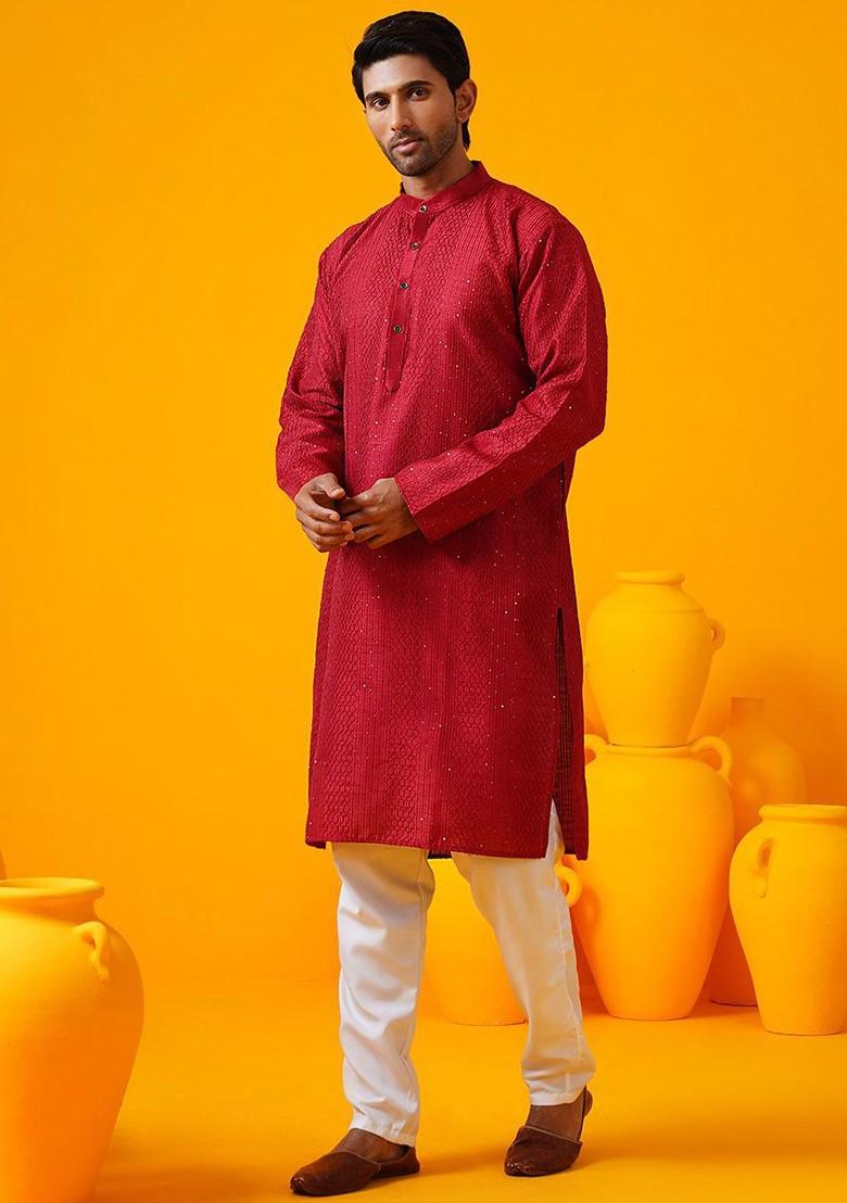 Red Thread Work Poly Blend Kurta For Men