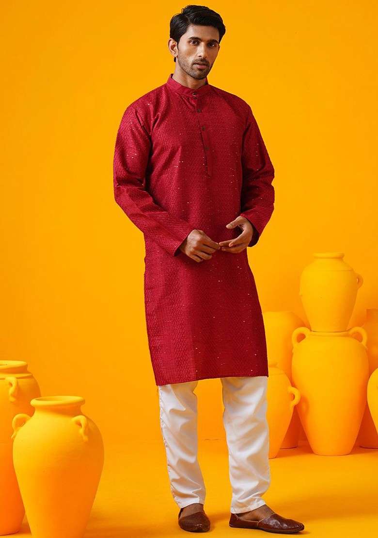 Red Thread Work Poly Blend Kurta For Men - Indya