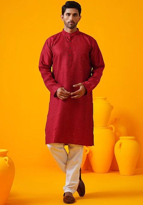 Red Thread Work Poly Blend Kurta For Men — view on Indya