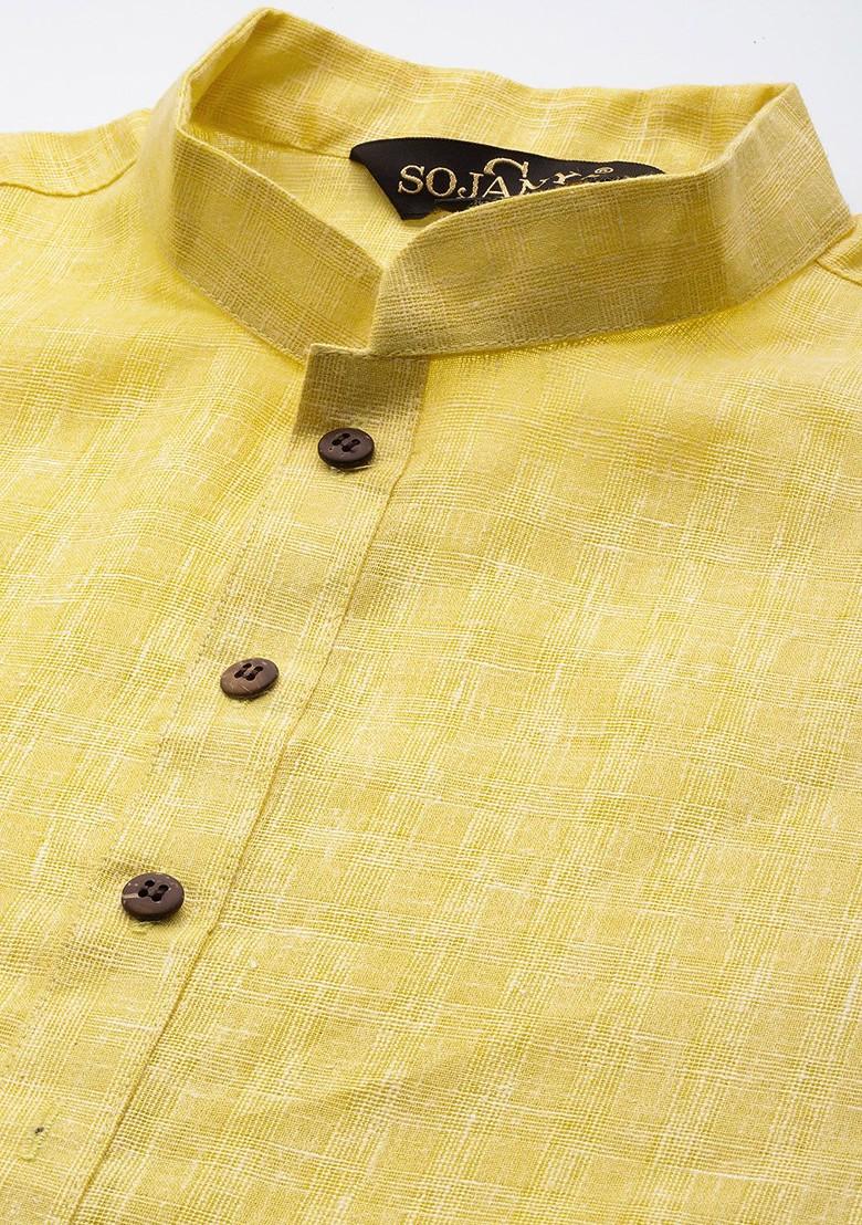 Yellow Checked Cotton Kurta For Men