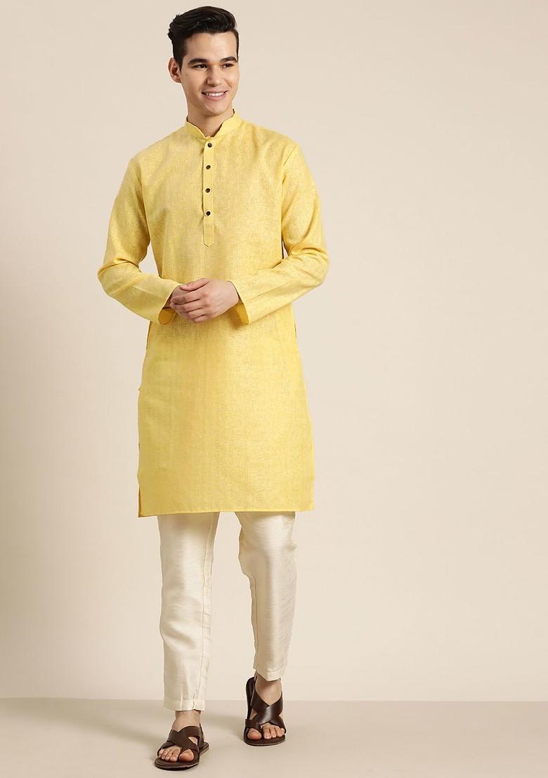 Yellow Checked Cotton Kurta For Men