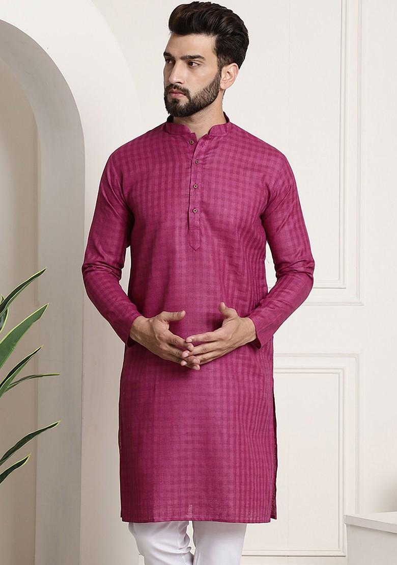 Magenta Checked Cotton Kurta For Men