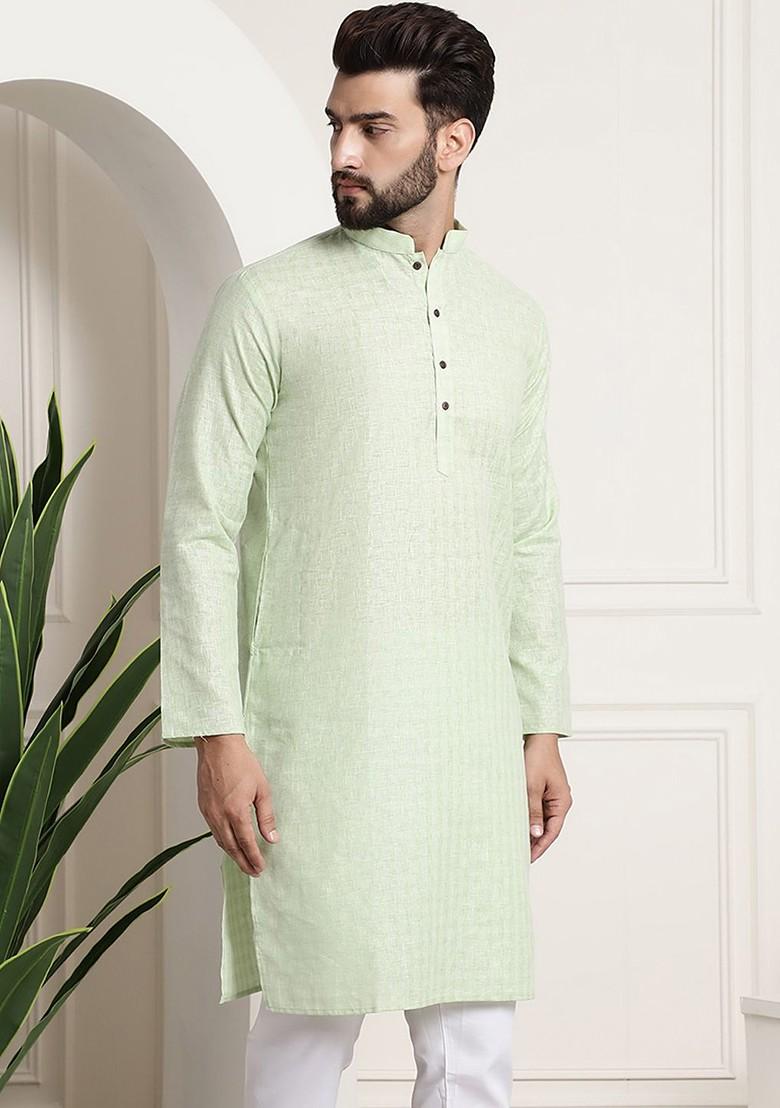 Green Thread Work Poly Blend Kurta For Men
