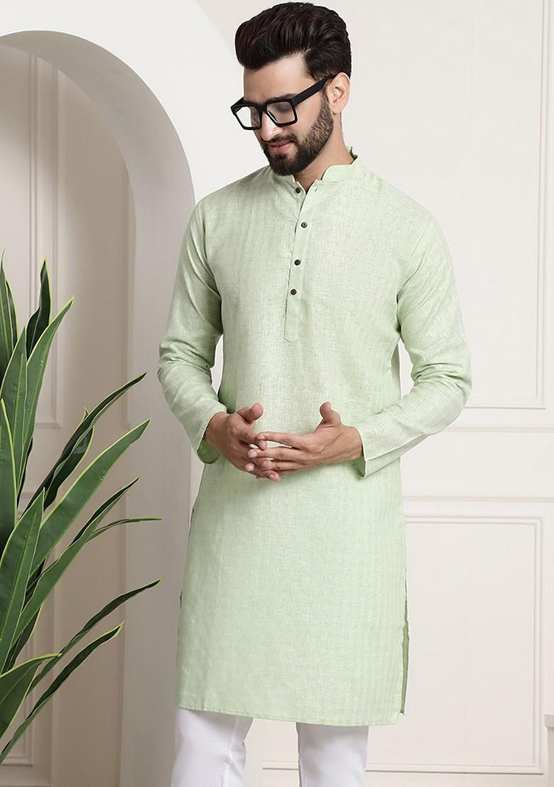 Green Checked Poly Blend Kurta For Men